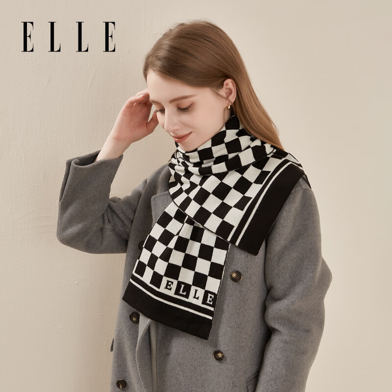 ELLE女士围巾棋盘格子羊毛针织围巾男秋冬保暖百搭黑白格提花围脖 黑白格