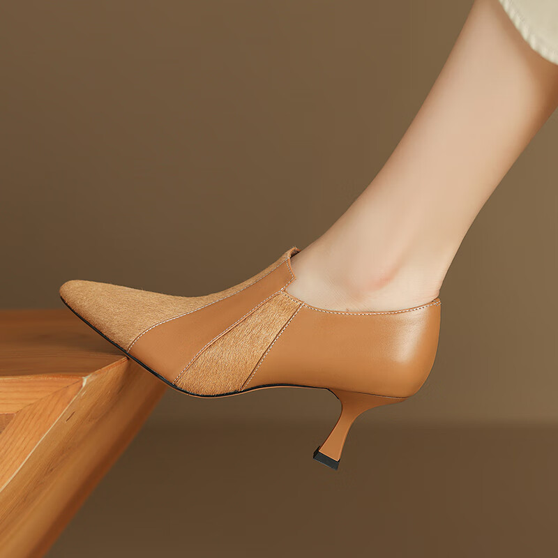 一米路深口高跟单鞋女牛皮尖头侧拉链细跟女鞋新款拼接马毛时装大码