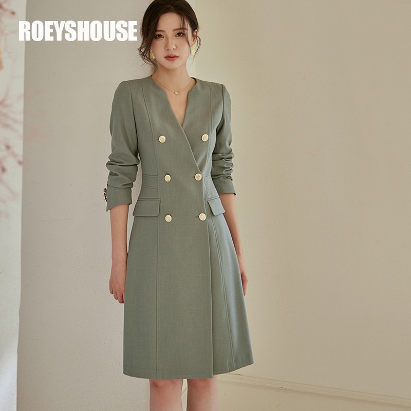 roeyshouse罗衣知性灰绿色连衣裙女秋装新款通勤拼接修身a摆中裙07265