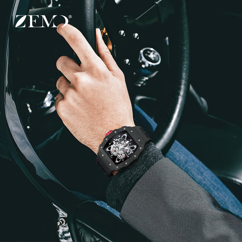 ZEMO男士手表十大品牌查理德镂空全自动机械表瑞士米勒轻奢防水名表男 酷黑橡胶带 超轻耐磨碳纤维