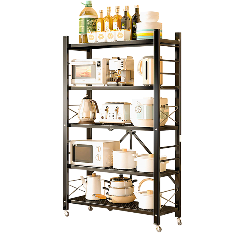 水天一方 免安装厨房置物架落地多层烤箱微波炉架多功能可移动折叠储物收纳架子 5层长70cm【折叠免安装/可移动/承重强】