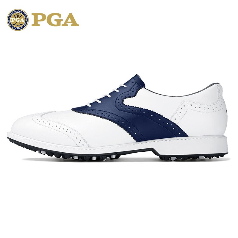 PGA 高尔夫球鞋 男士鞋子 超轻超防水 防侧滑鞋钉 英伦绅士风 PGA 301004-白深蓝色 43