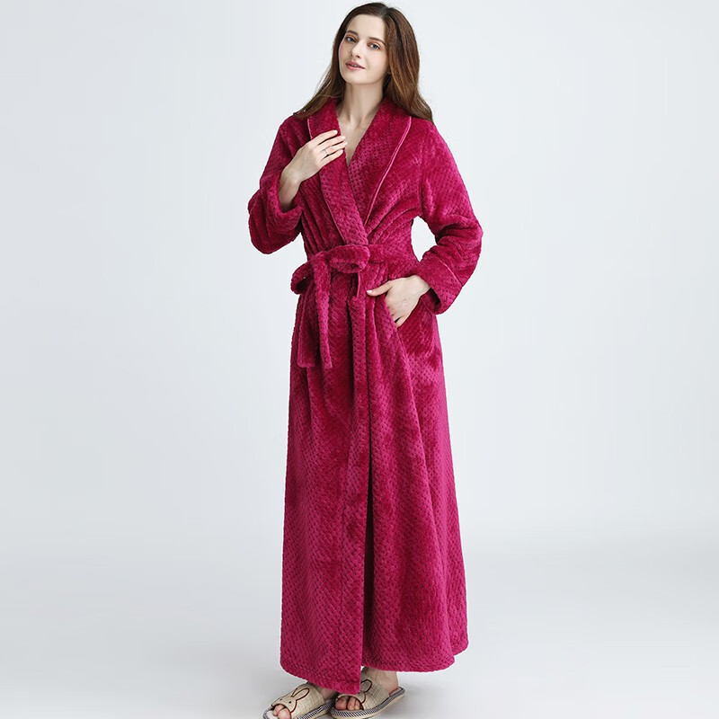 赛图蒙 睡袍女秋冬季加厚长款情侣睡衣男浴袍珊瑚绒睡衣大码家居服 女款-1506玫红色 XL (身高170-185CM,体重150-190斤)