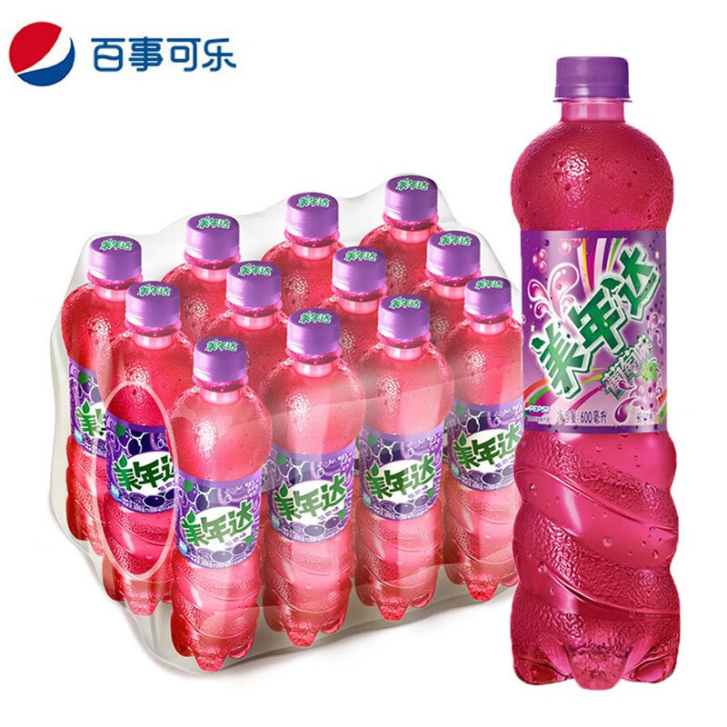 600ml*12瓶百香果菠萝橙苹果葡萄果味汽水碳酸饮料饮品 美年达葡萄味