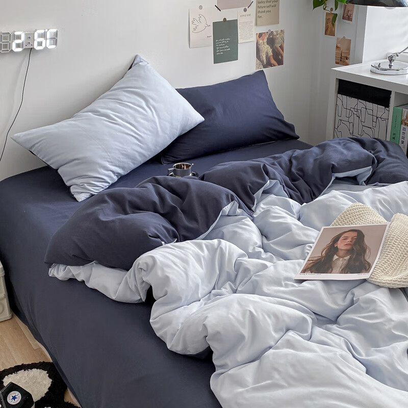 艺彩蝶蓝丝羽家纺四件套ins床单全棉床品磨毛大学生宿舍床上三件套枕