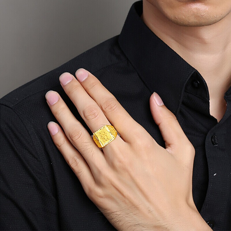 9999足金戒指男 霸气翔龙黄金戒指 宽面方形龙头戒指 大克数大金戒指
