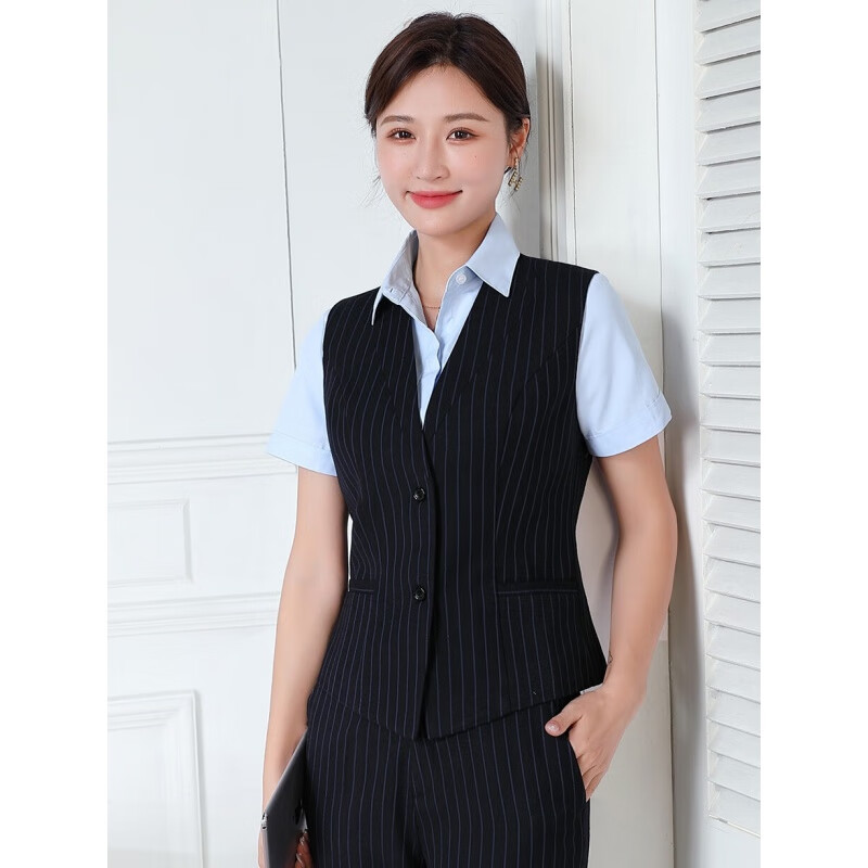尚然乐（SHANGRANLE）建行工作服马甲女短袖衬衫套装建设银行衬衣行服条纹职业装西装裤 双条纹马甲 38/XL高性价比高么？