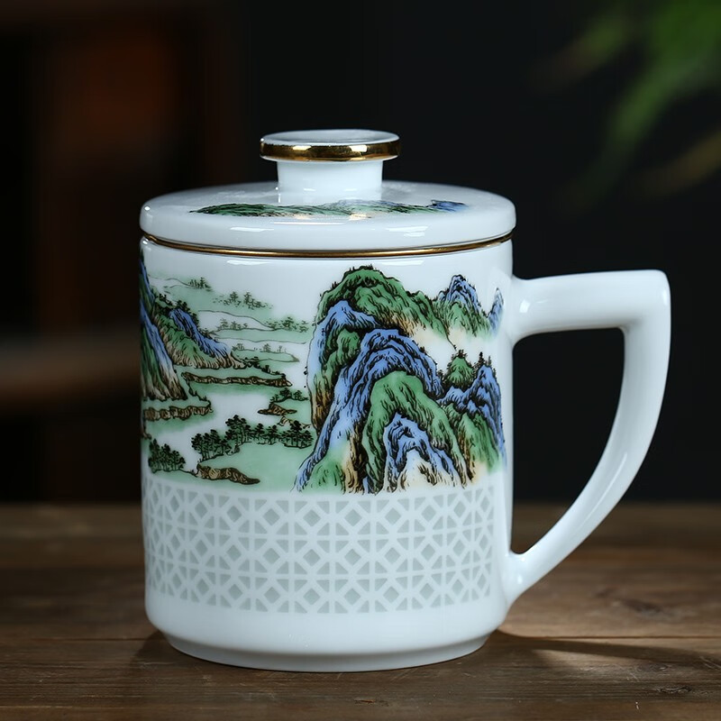 厚古薄今  陶瓷茶杯带盖带过滤办公茶杯子景德镇玲珑白瓷杯老板杯水杯