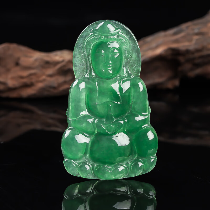 其他品牌天然翡翠a货老坑冰润满绿正装观音吊坠 附证书礼盒