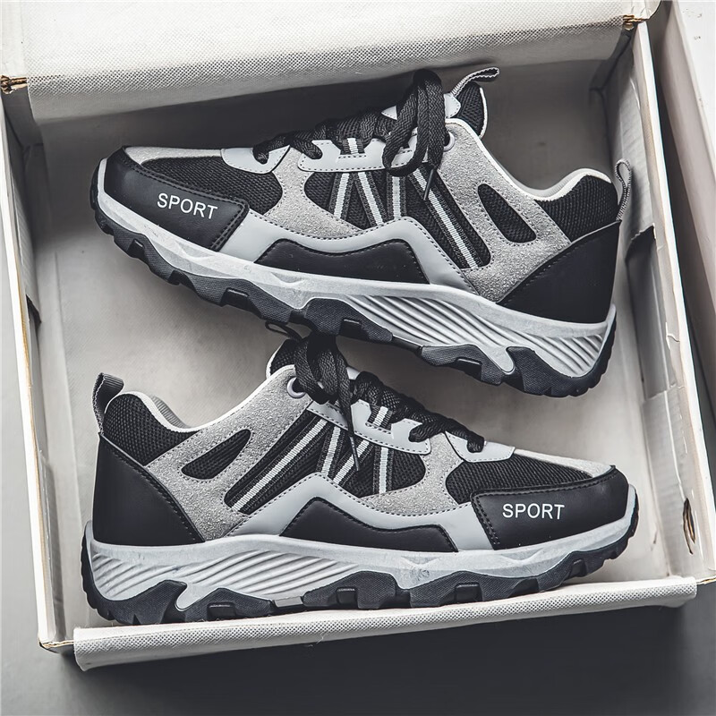 脚度(xinjiaodu)春季潮流百搭休闲跑步老爹鞋青少年增高旅游运动 黑灰