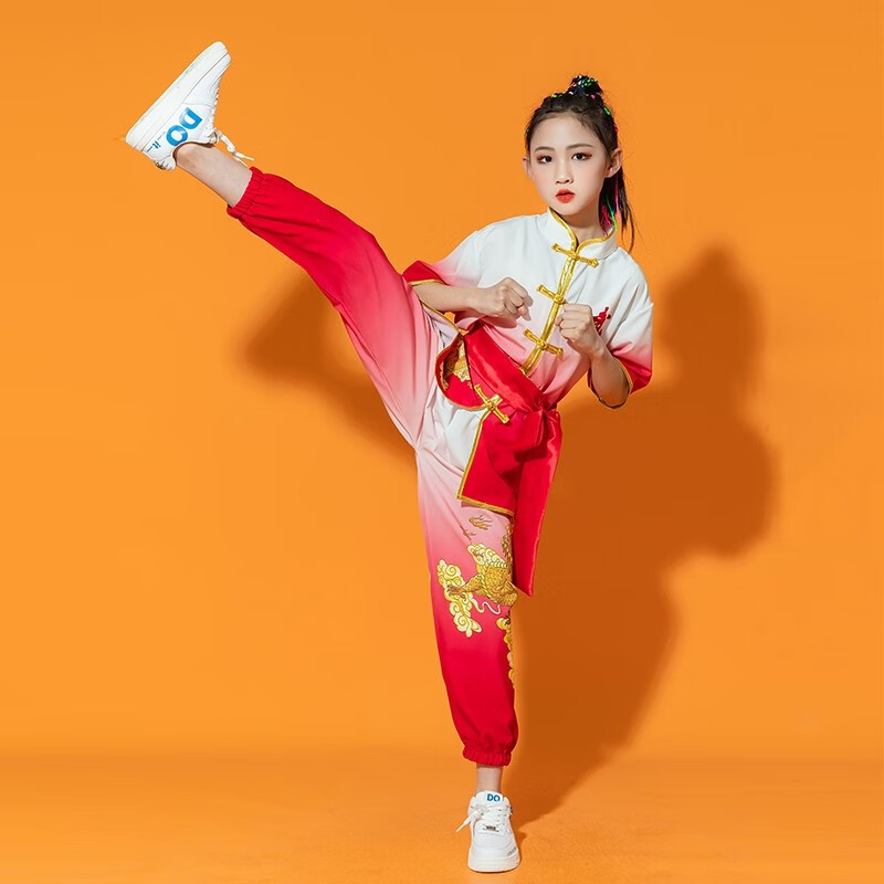花石猴（HUASHIHOU）新款兒童武術(shù)服練功服訓練服精忠報國演出服太極武術(shù)舞蹈表演服 紅色(上衣＋褲子＋腰帶) 110
