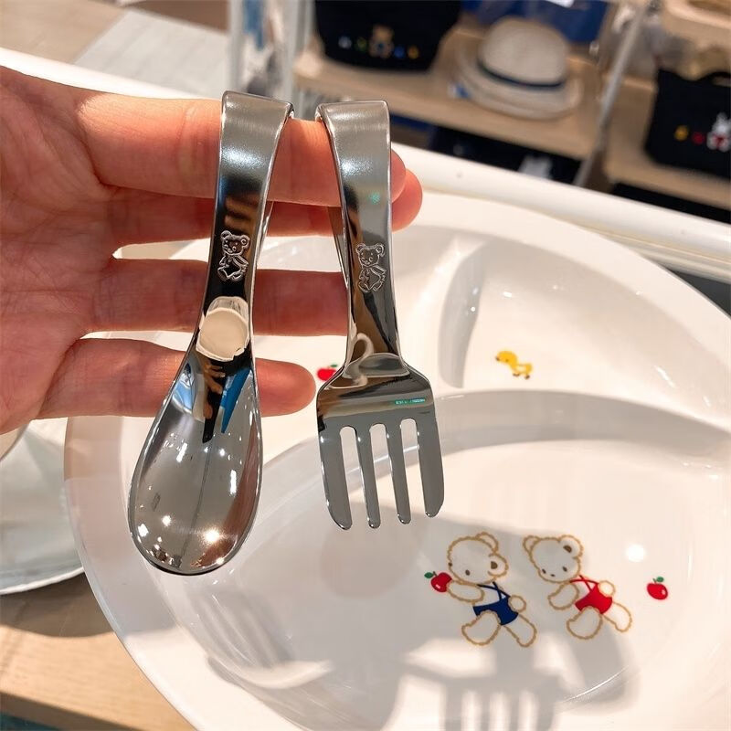 familiar304不锈钢宝宝辅食吃饭训练勺和叉子母婴餐 勺子 叉子