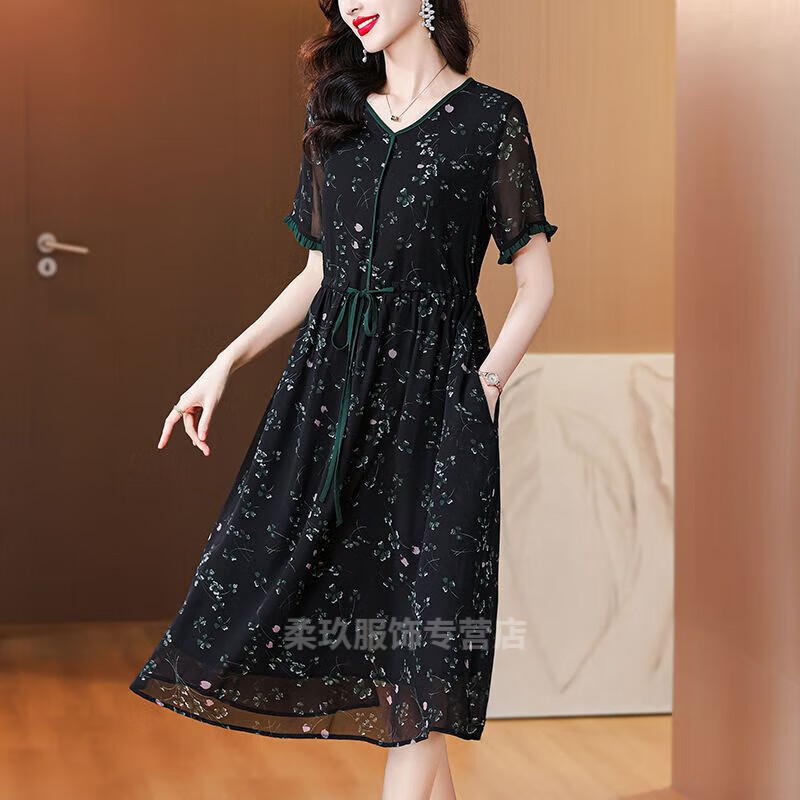 韦戒声雨竹女装品牌清仓折扣真丝碎花连衣裙女大码桑蚕丝夏季2024新款
