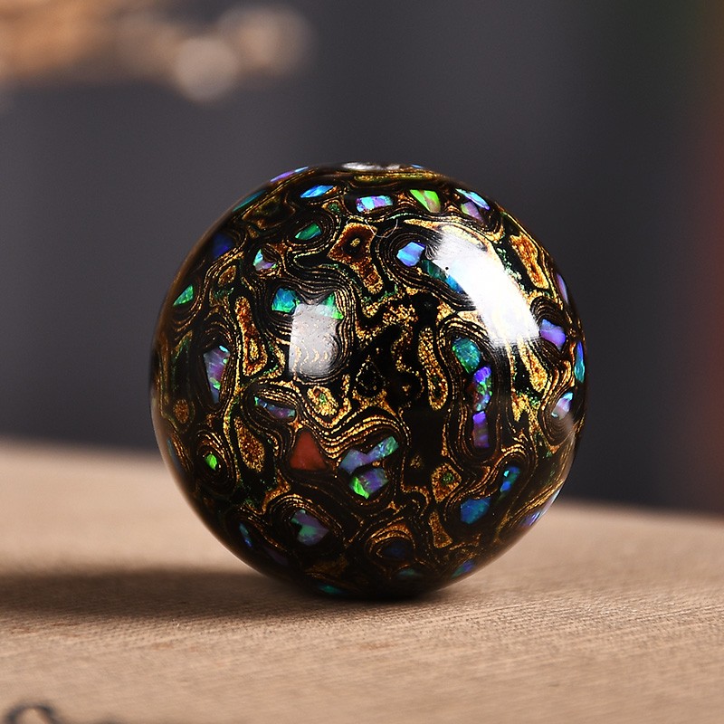 铭闽大漆珠犀皮漆菠萝漆器大漆手串圆珠念珠老型中国风镶嵌水晶 15mm