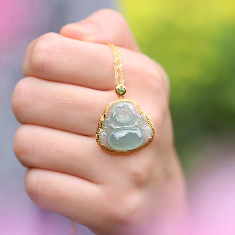 梓珊珠宝  天然翡翠吊坠女玉佛挂坠冰种晴底笑佛金镶玉坠弥勒佛 金镶