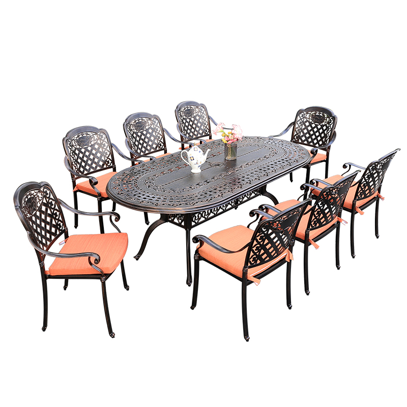 梵派(FAPOLITE) 户外家具铸铝户外桌椅别墅庭院休闲阳台小椅子花园露天室外摆铁艺带伞桌椅 4椅+146*90斜格长方桌 山水画椅