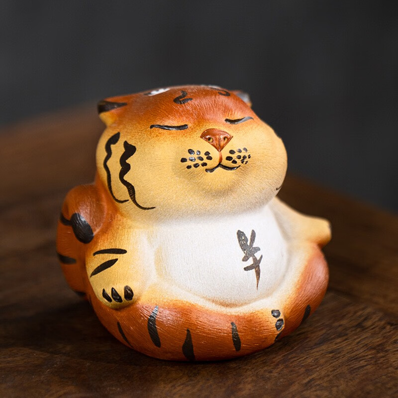 紫砂老虎茶宠雕塑摆件茶玩可养迎财虎摆饰生肖泥绘萌虎大家族 打坐