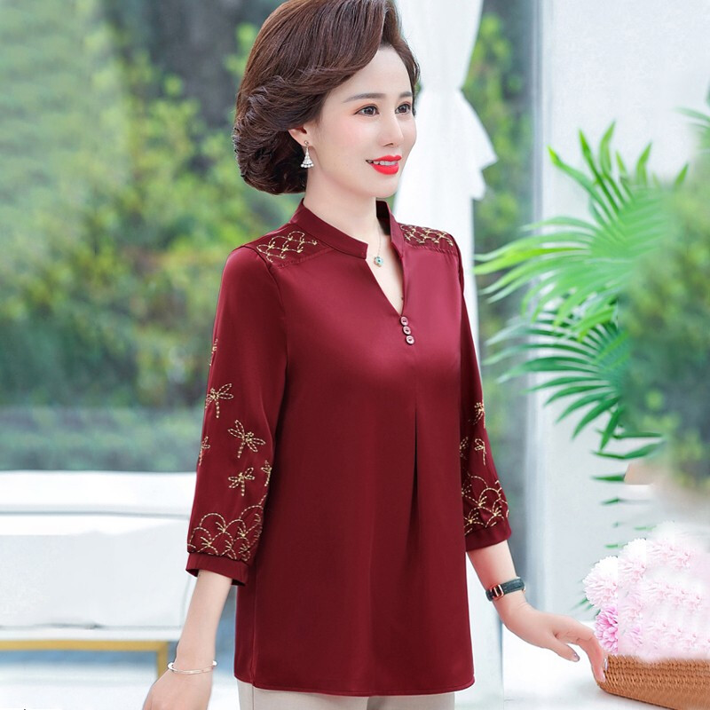 孜颜中老年女装夏季衬衫套装妈妈装夏装七分袖上衣50岁夏季母亲衣服女 红色上衣 XL (建议90-105斤)