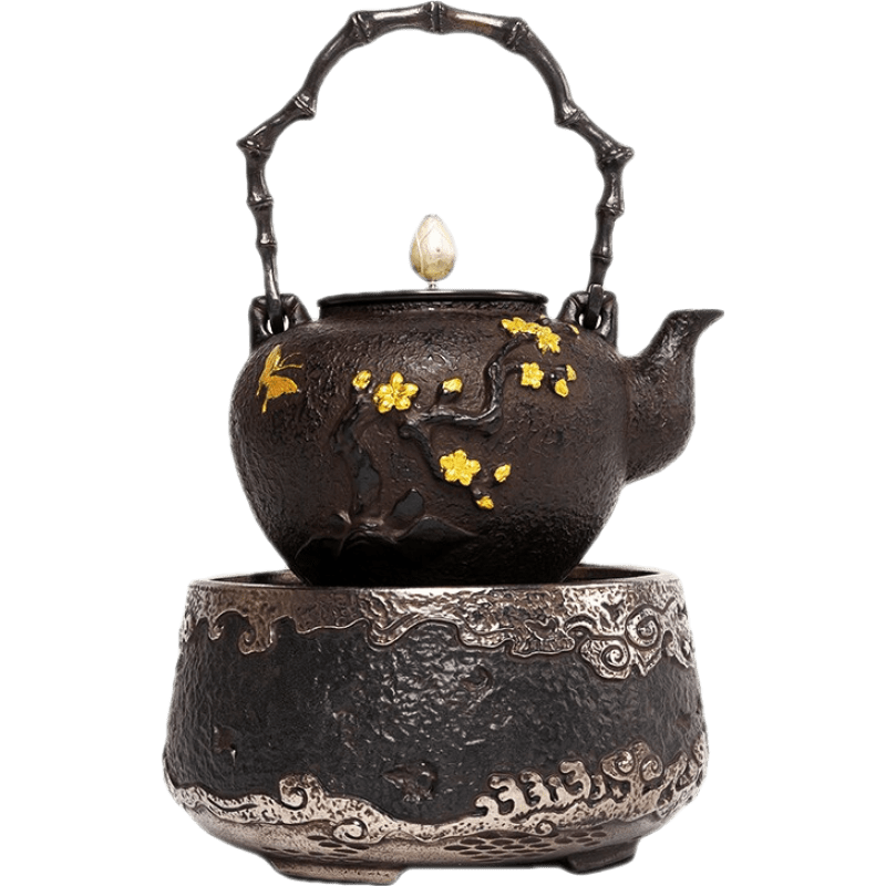 伊藤松秀 日本進(jìn)口工藝手工煮茶器無(wú)涂層砂原裝鑄鐵壺套裝泡茶壺 金梅謙竹-單壺