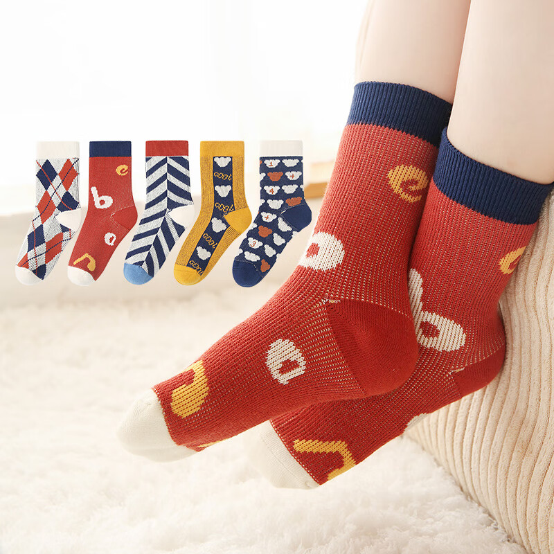 六指鼠男童女童袜子秋冬潮ins女宝宝厚棉袜公主中筒小男孩中大童儿童袜 880双针彩色 5双 均码 建议7-16周岁(鞋33-36码/袜标10-15岁）