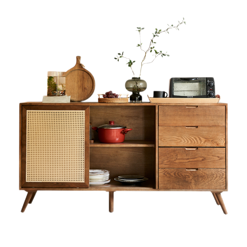 藤妃家用胡桃实木餐边柜北欧客厅推拉门藤编储物柜现代简约收纳大容量