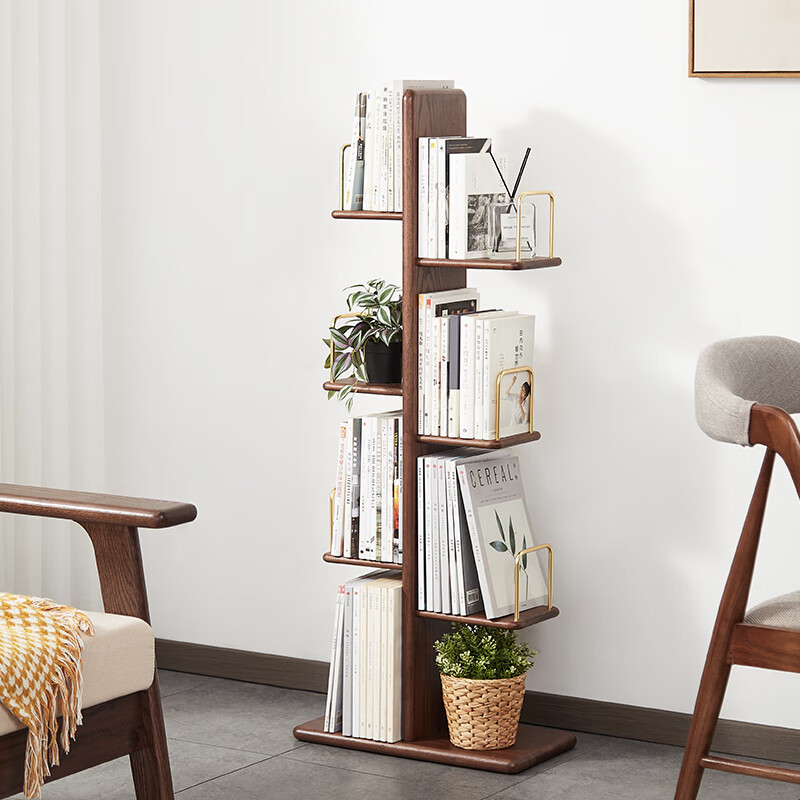 初心实木书架落地储物架简约书房多层收纳置物架学生小书架胡桃木色