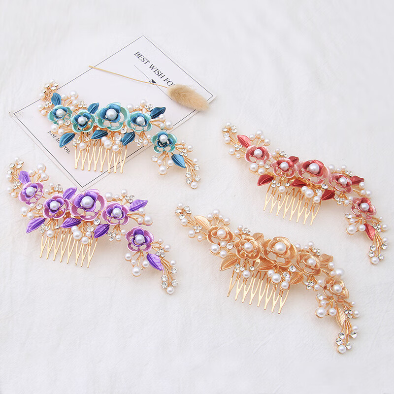 婚礼烤漆花卉发梳玫瑰花朵合金女士发饰新娘盘发插梳 FS20921蓝