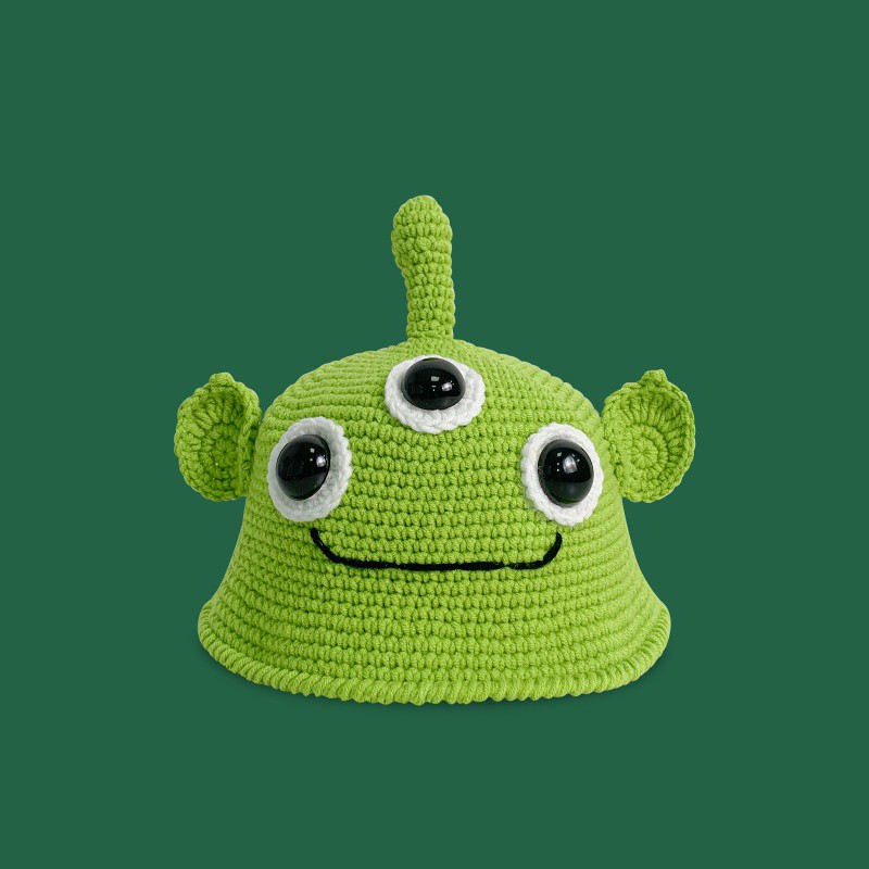 儿童超萌针织帽春秋季可爱卡通三眼仔毛线帽子diy手工编织亲子帽 绿色