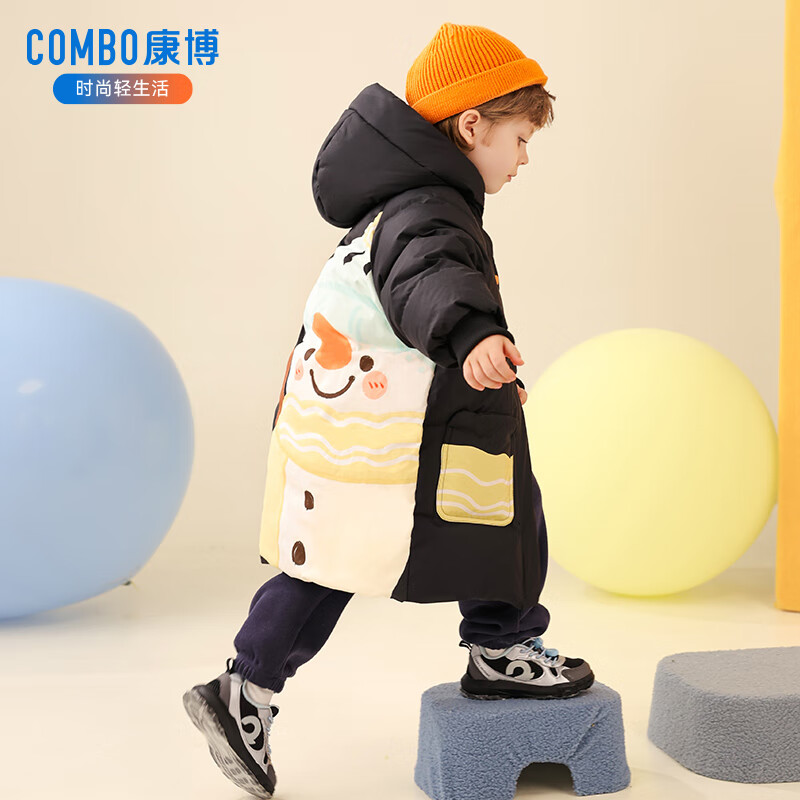 康博儿童羽绒服男童冬季中长款新款小童宝宝加厚保暖童装外套 黑色1018 130