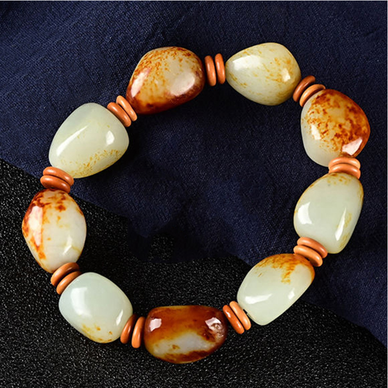 莎畔新疆真和田玉手链 高端玉手串枣红皮随型原石玉珠子玉石 玉珠子