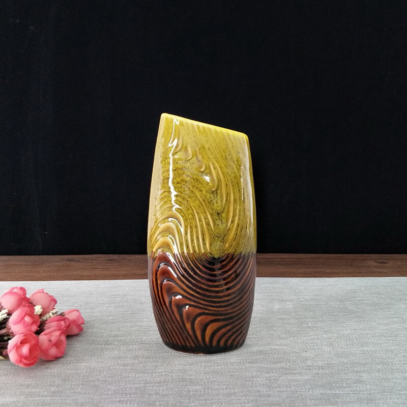 陶瓷花瓶 贝纹螺纹扁形创意家居摆件饰品斜口 贝纹黄彩 小号