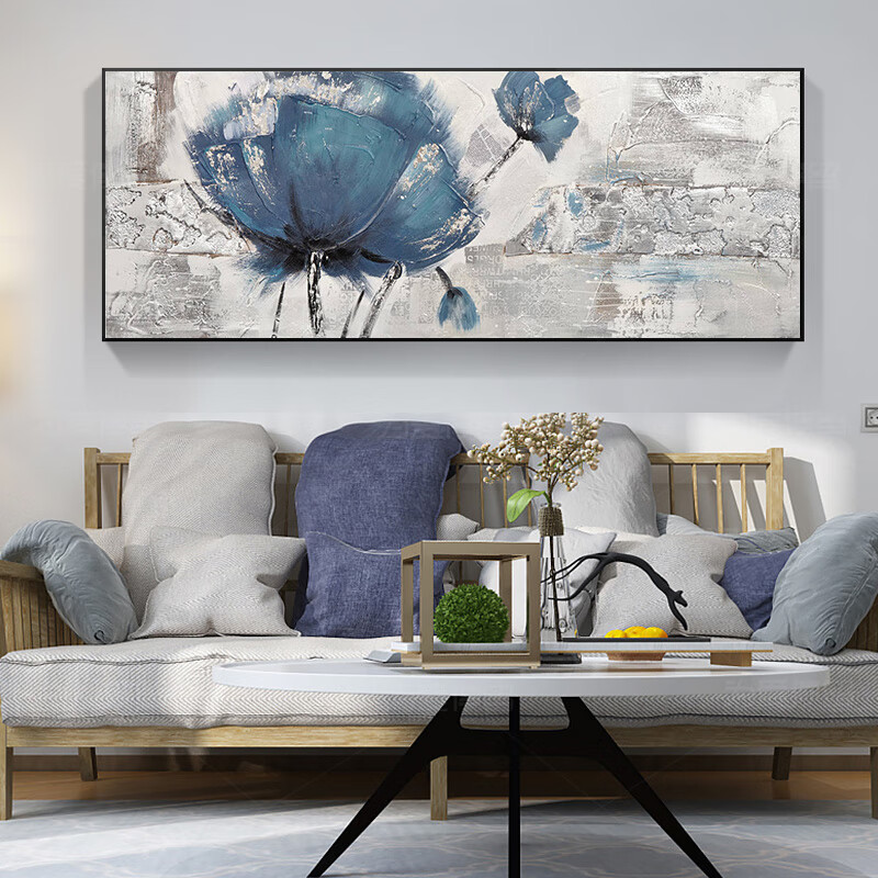 萦娪纯手绘油画客厅装饰画沙发背景墙挂画横版新中式壁画古典莲花手工