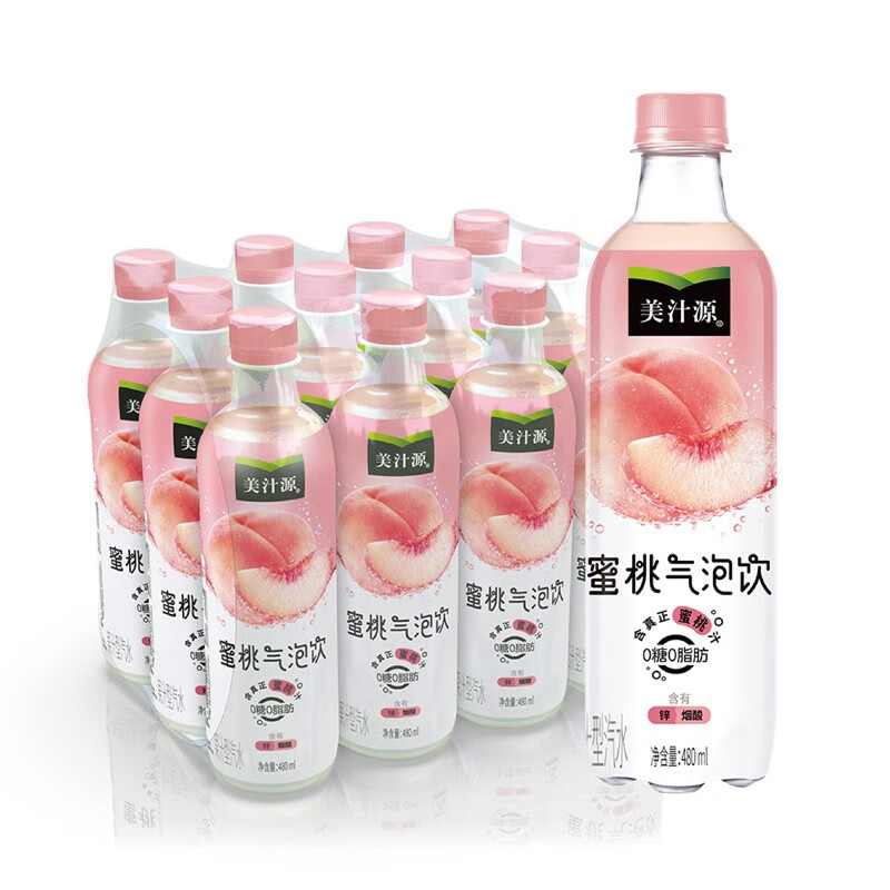 新品 可口可乐美汁源水蜜桃气泡水无糖零脂肪480ml*12整箱装 新日期