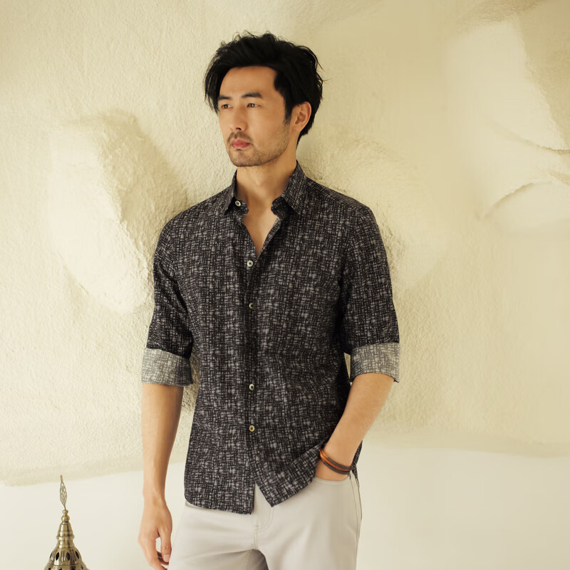 MAYOR男装 秋季棉桑蚕丝印花透气修身时尚男士长袖衬衫 黑灰 38