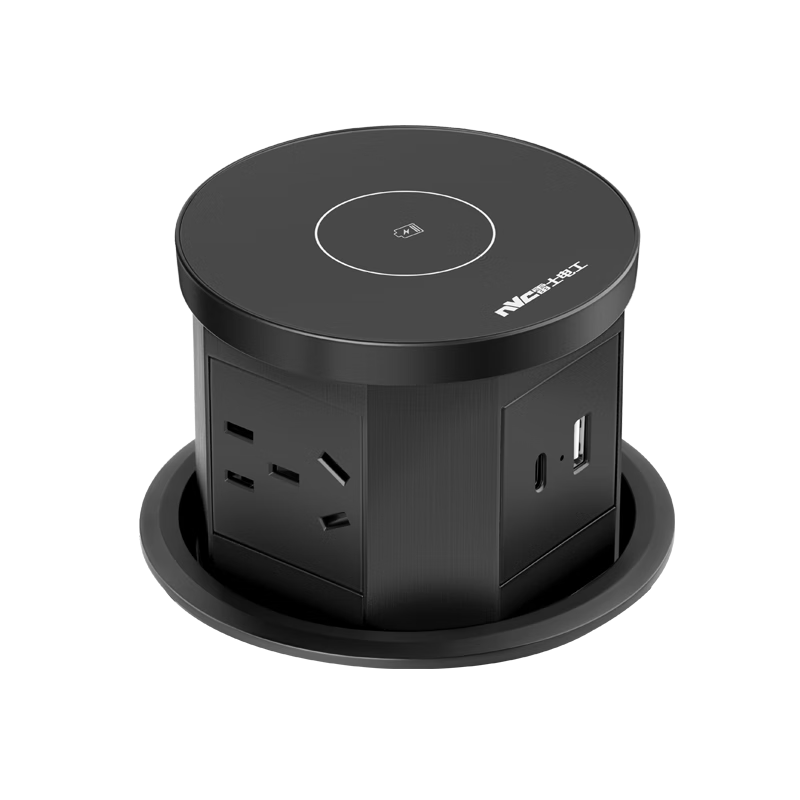 NVC雷士電工 升降插座 氣動嵌入式無線充電插座 三位五孔帶USB+TypeC 黑色