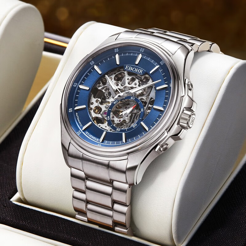 依波(EBOHR)探索者系列男士自动机械表国表新潮镂空防水钢带手表送男友礼物 蓝盘钢带男表 51280314