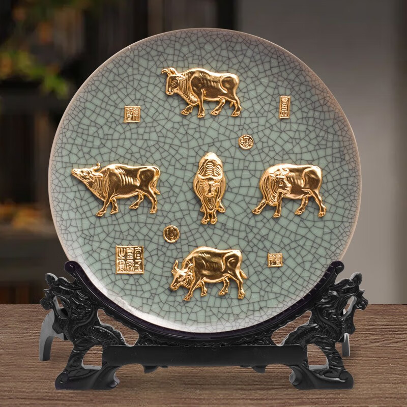 鹭艺轩 金箔五牛图摆件漆线雕工艺品寓意好的礼物公司周年庆纪念品