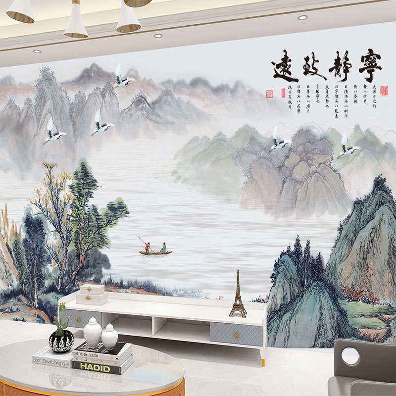 鸿赞 3D客厅壁画电视背景墙宁静致远水墨山水风景墙布影视墙8D一帆风顺壁布18D仙鹤布画16D墙壁纸 3D平面丝娟布/平方米  高宽定制