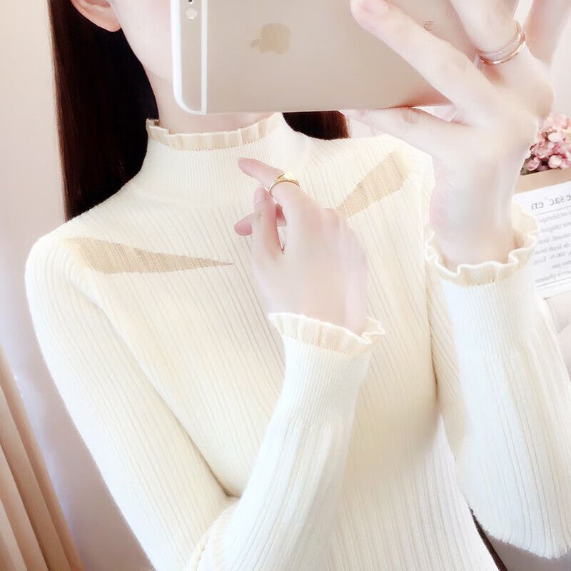 香影芬半高领蕾丝网纱拼接毛衣打底衫女秋冬2025新款内搭修身针织衫上衣 杏色 XL (建议115-125斤）