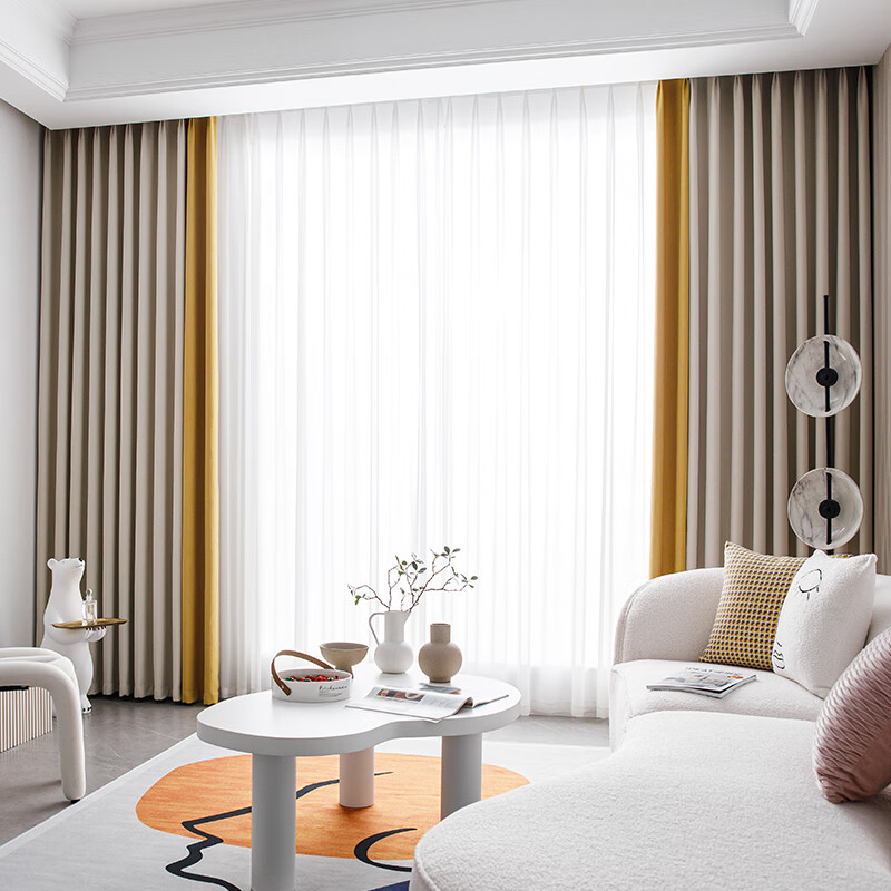 棉麻窗帘卧室温馨拼色客厅挂钩款遮光隔热防晒隔音加厚 奶油拼焦黄