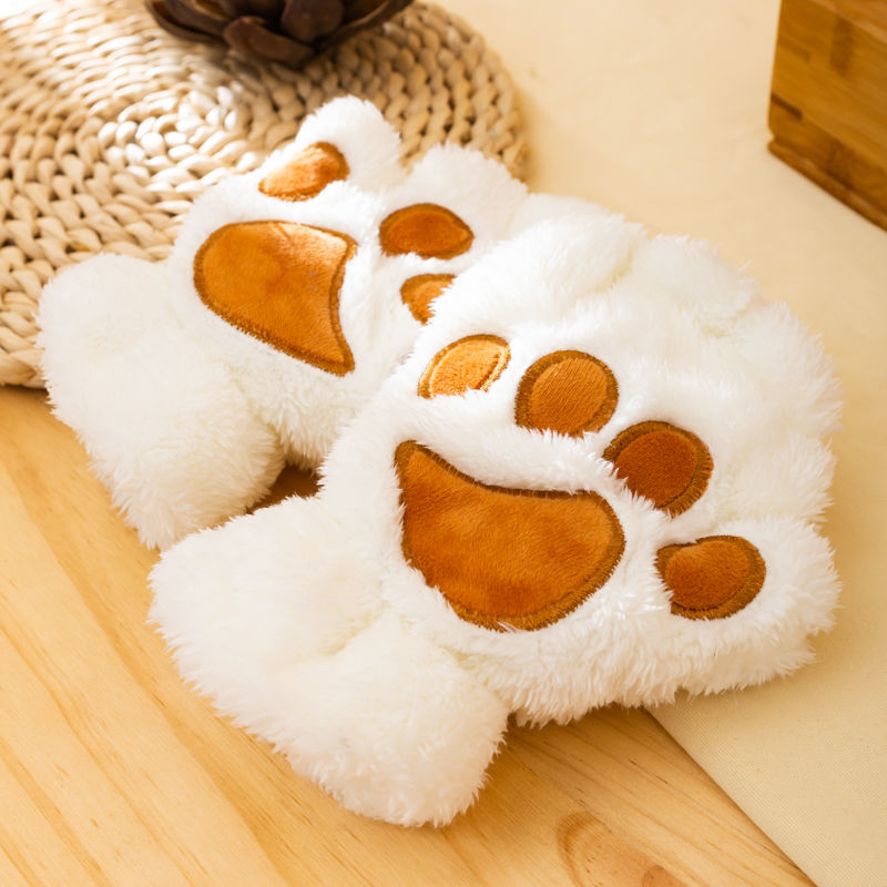 京蝌蝌卡通猫爪手套冬天女可爱毛绒韩版时尚加绒加厚保暖挂脖 白色