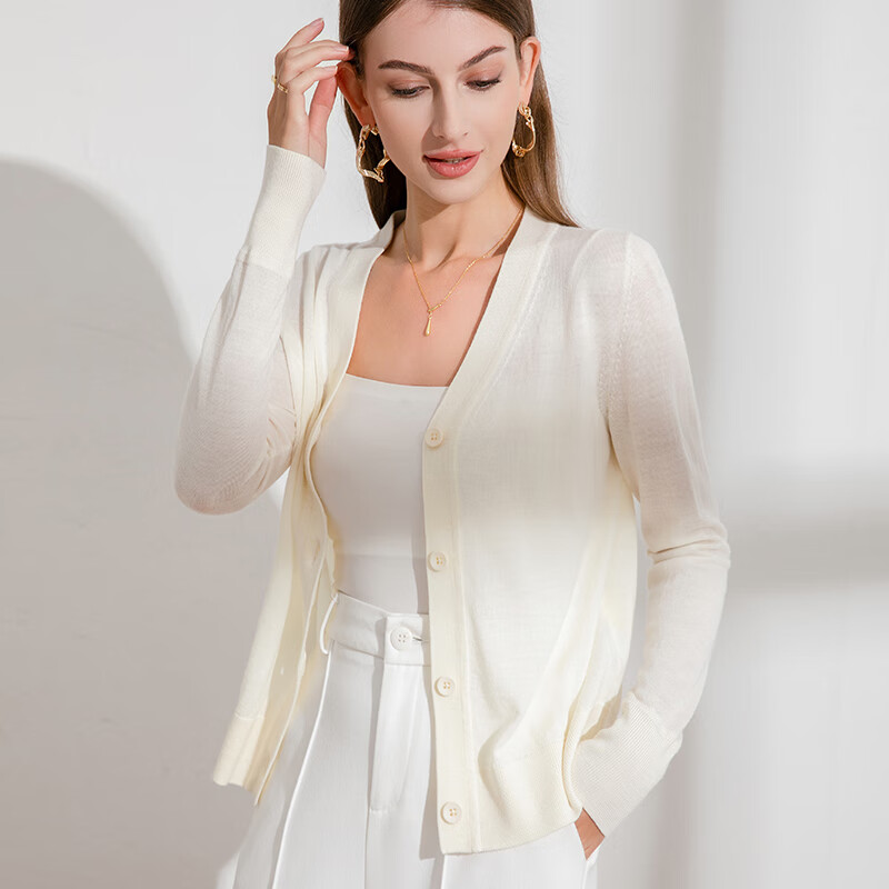 德凯佳新款v领春夏针织衫外搭开衫纽扣纯色长袖外套上衣羊毛衫 米白 S