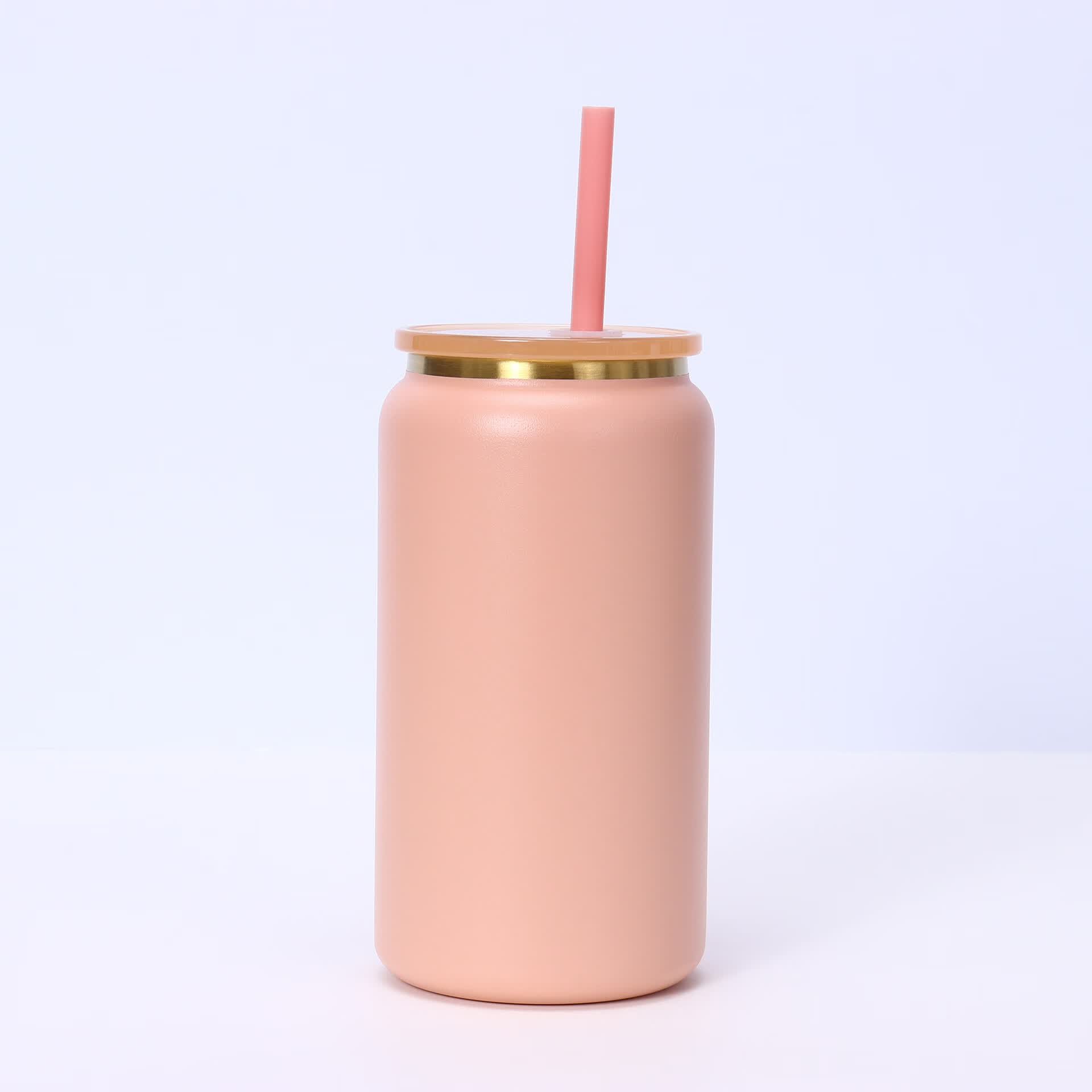 不锈钢保温杯16oz喷塑梅森杯大容量吸管杯汽车杯网红批发 粉红色