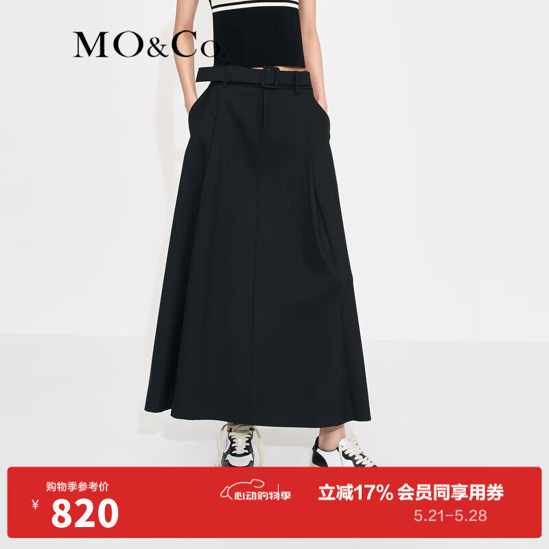 MO&Co.中高腰长款压褶宽松A字半身裙伞裙(附腰带)设计感裙子 黑色-第2批 M/165