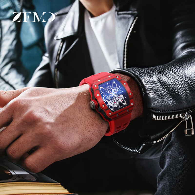 ZEMO男士手表十大品牌查理德镂空全自动机械表瑞士米勒轻奢防水名表男 酷黑橡胶带 超轻耐磨碳纤维