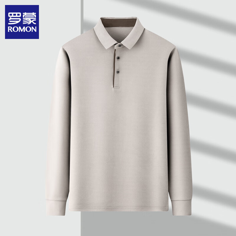 罗蒙（ROMON）男士t恤长袖2024秋季新款商务休闲纯色polo领打底体恤衫男装上衣 哈青 XL (建议135-150斤)