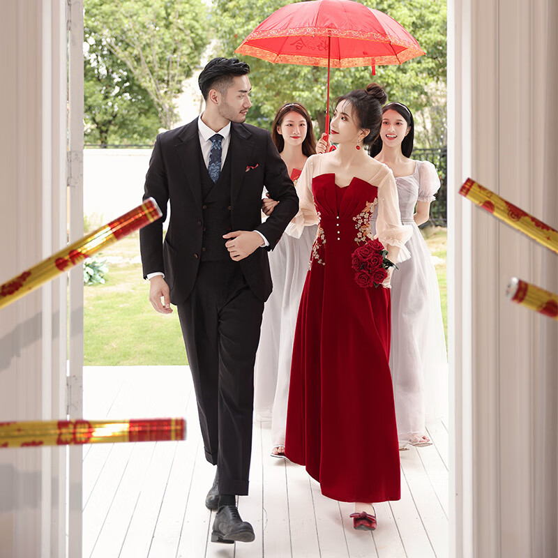 丽佰昕敬酒服纱袖新娘新款酒红色气质订婚礼服结婚回门便装平时可穿春夏 酒红色长款 M