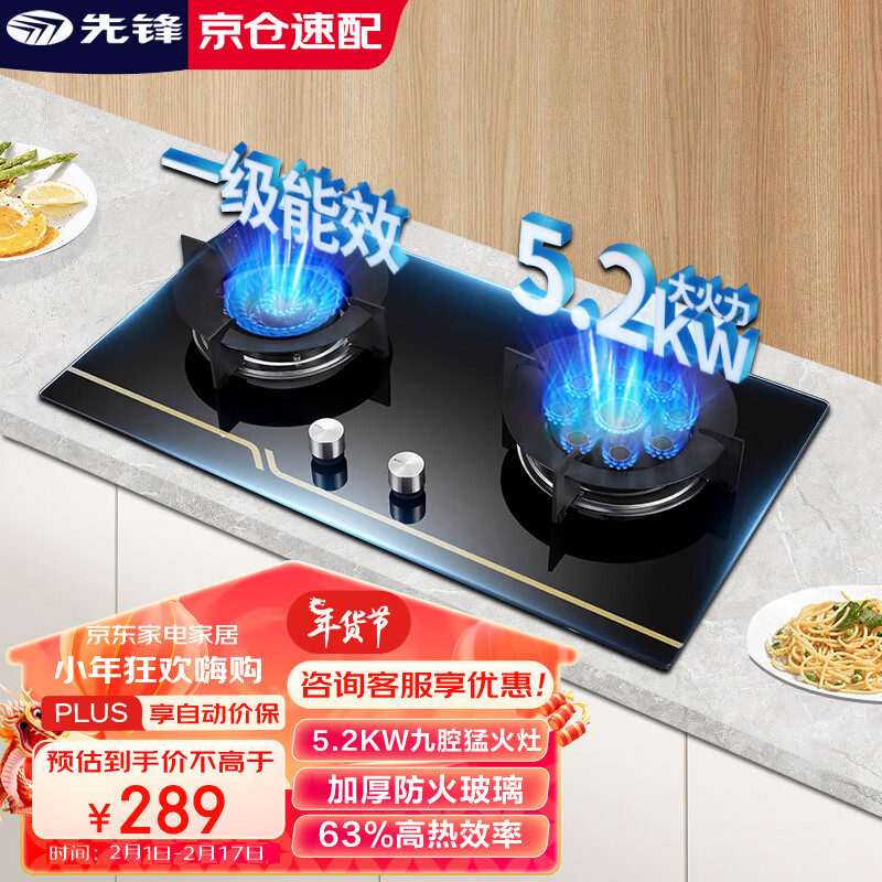 先锋（SINGFUN）燃气灶5.2kW大火力 玻璃九头鸳鸯家用嵌入式台式两用双灶 燃气灶具XF-R02（天然气）