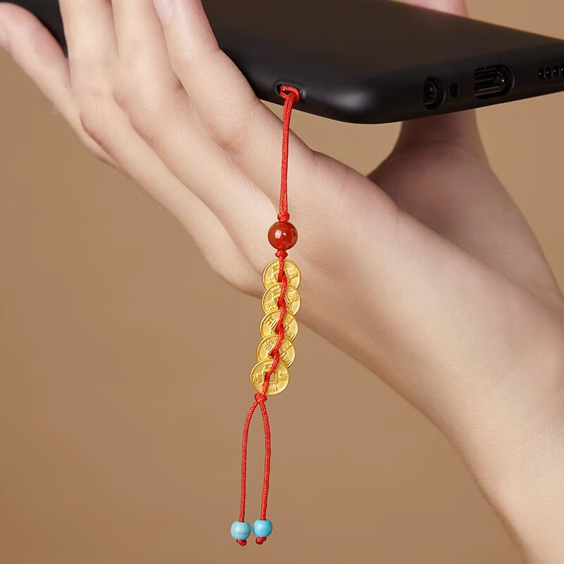 宸祥福老凤凰黄金足金999五帝钱挂件钥匙扣挂饰编织红绳转运珠情侣
