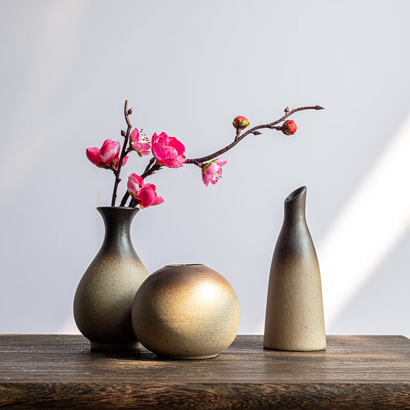 南啵丸新中式景德镇创意复古粗陶小花瓶禅意摆件干花桌面桌面家居 粗